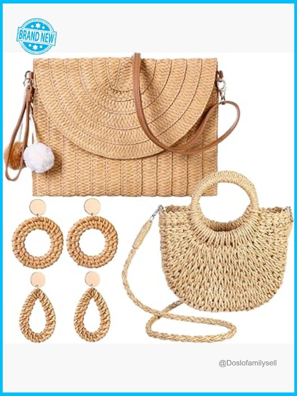 Straw Crossbody Bag and Clutch Set with Rattan Earrings Boho Beach Accessories